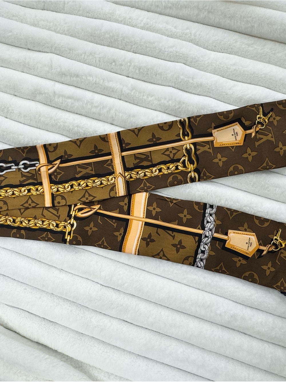 Louis Vuitton Brown Monogram Silk Twilly with Gold & Silver Chain Print